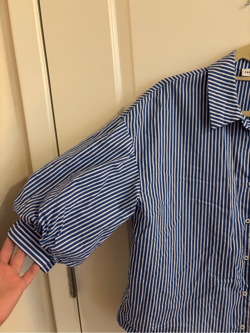 English Factory Blue and White Striped Button-Down Shirt with Puff Sleeve - Picture 2 of 4